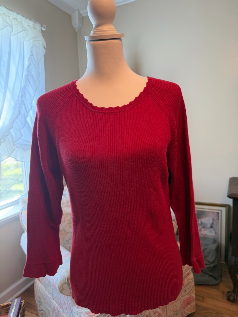 Pierre Carden Red Rib Knit Scoop Neck Sweater